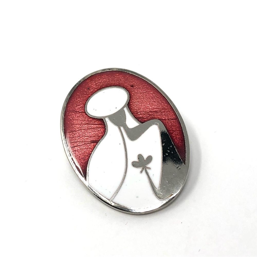 Rivest vintage modernist enamel figure holding flower brooch / pin